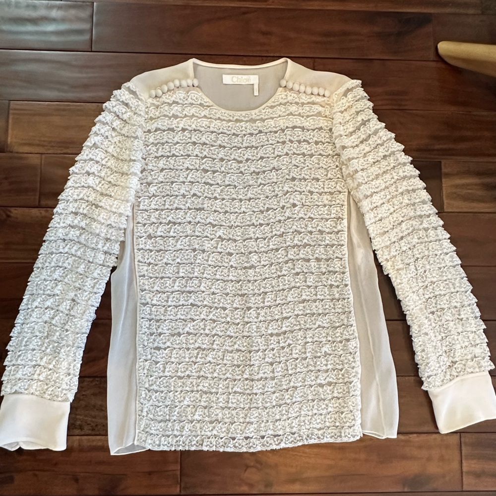 CHLOE Small White Cream Blouse Lace And Button Details $1650